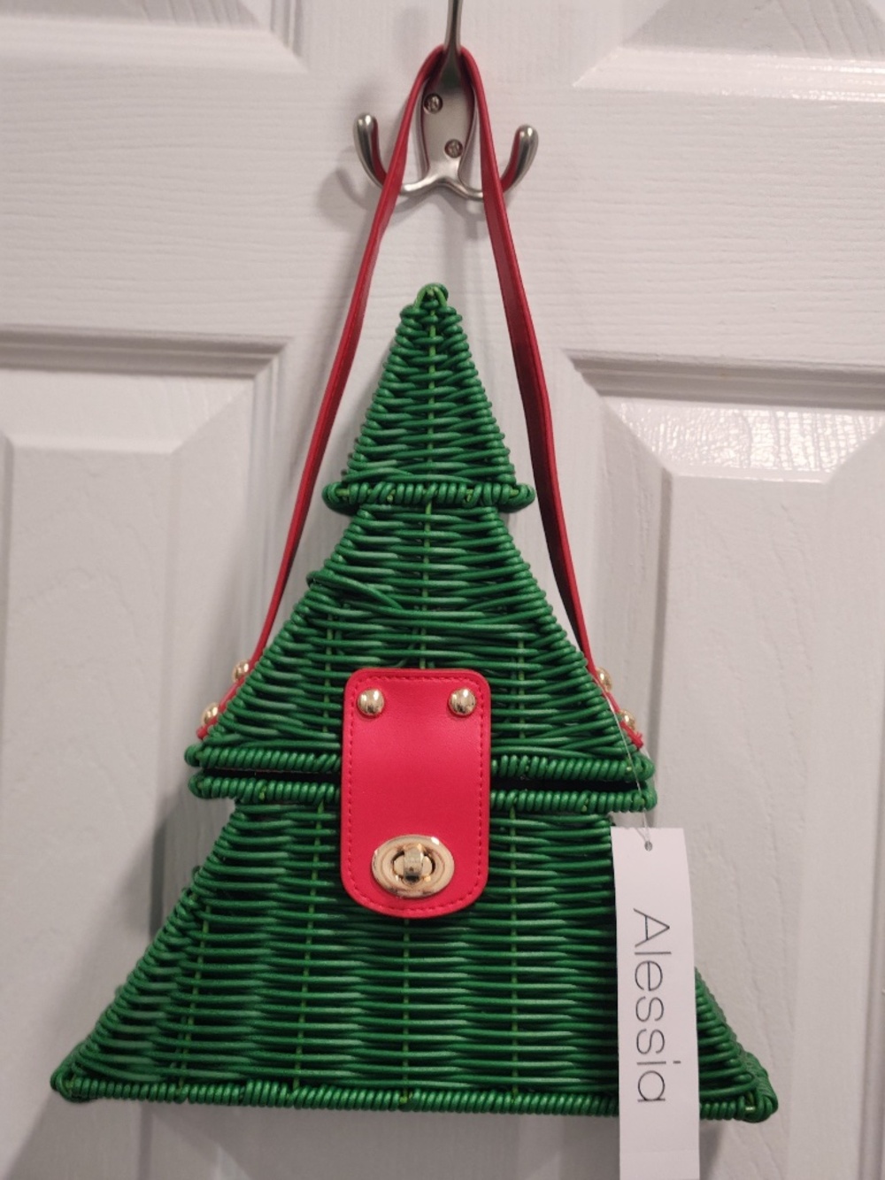 ALESSIA BIANCHI CHRISTMAS TREE SHAPED TOP HANDLE HANDBAG PURSE WICKER